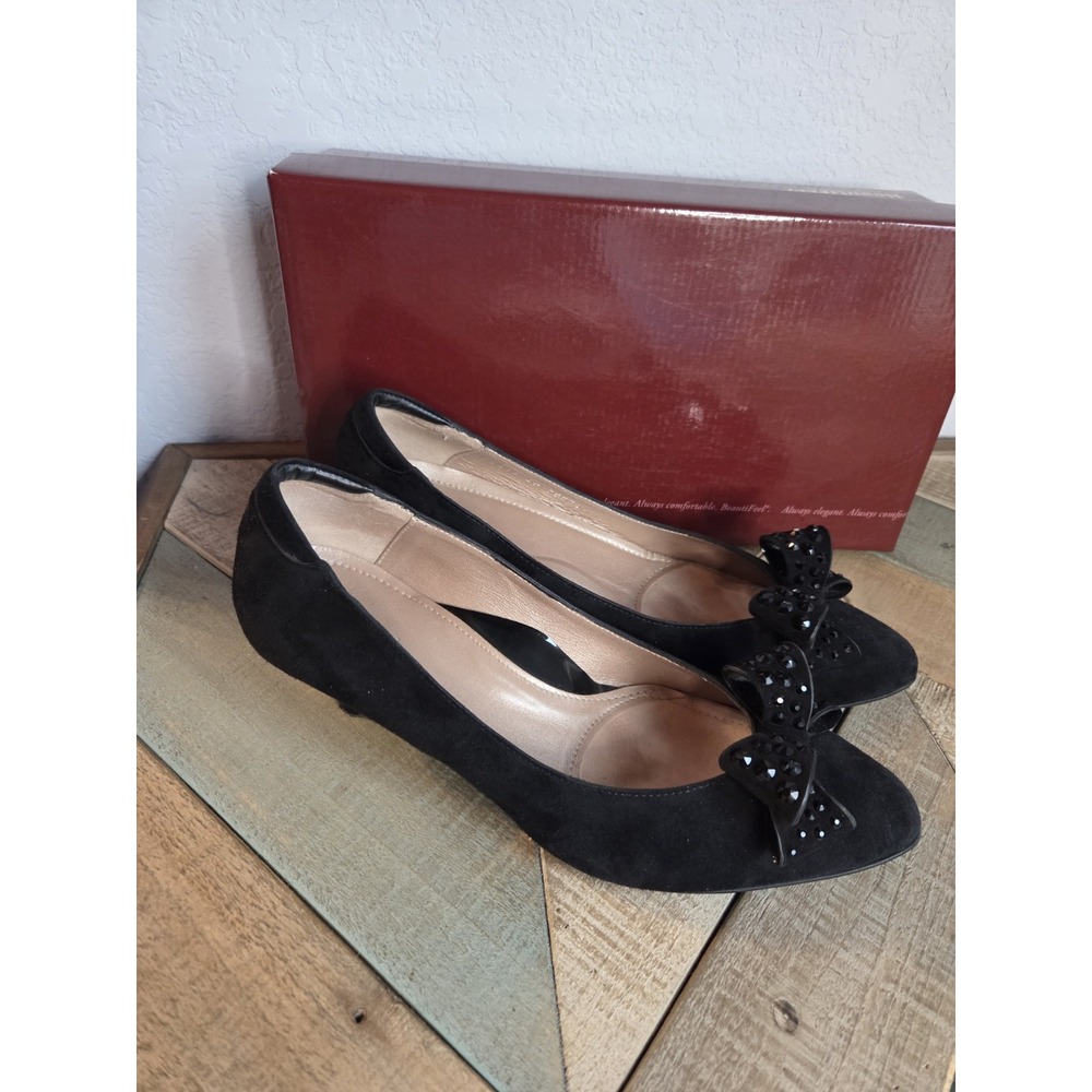 BeautiFeel Womens 40 Pumps Black Suede Kitten Leather Heels Sparkle Bows‎